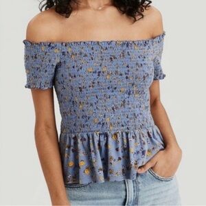 American Eagle Outfitters Blue Floral Off the Shoulder Top